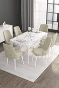 Resim Canisa Roy Serisi 80x132 Açılabilir Mdf Beyaz Mermer Desen Masa 6 Krem Sandalye Mutfak Masası Takımı 