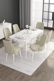 Resim Canisa Roy Serisi 80x132 Açılabilir Mdf Beyaz Mermer Desen Masa 6 Krem Sandalye Mutfak Masası Takımı 