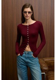 Resim Grimelange Sıllarıe Kadın Uzun Kollu Esnek Kumaşlı Düğmeli Regular Bordo Bluz Bordo 