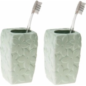 Resim 2 Adet Seramik Diş Fırçalık Çiçekli Su Yeşili 7x7x12cm Banyo Seti Çok Renkli 