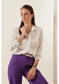 Resim Bigdart 20112 Büzgülü Saten Gömlek - Beyaz 001 