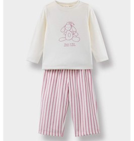Resim Defacto Kız Bebek Pijama Takımı Tavşan Baskılı Uzun Kollu Velur Üst Çizgili Uzun Alt F5562a525wnbr277 Bordo-br277 