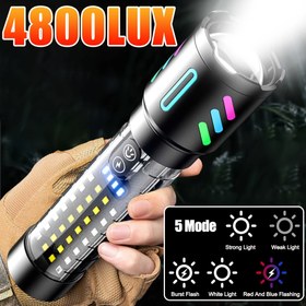 Resim Ultra Parlak 4800 Lümen LED Taktiksel Fener - Dahili Pil ile Şarj Edilebilir, COB Çok Renkli Işık, Uzun Menzilli Aydınlatma, Dayanıklı Alüminyum Alaşımlı & ABS Gövde, 5 Mod, Dış Mekan, Kamp, Seyahat için Type-C Hızlı Şarj, Şarj Edilebilir Fener 