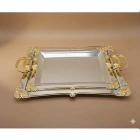 Resim Decovien Vintage Dekoratif Metal Dikdörtgen 2 Li Tepsi Altın - Gümüş 
