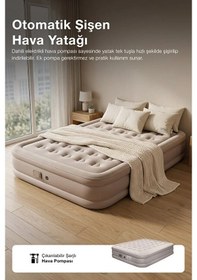 Resim Çift Kişilik Şişme Yatak Ortopedik 40 Cm Yüksek 450 Kg Taşıma Kapasiteli Kamp Yatağı Bej 