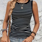 Resim Çizgili Baskılı Yaka Tank Topu, Bahar ve Yaz için Rahat Kolsuz Tank Topu, Kadın Giyim 