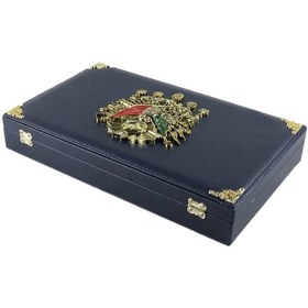Resim Lacivert Renk Osmanlı Devlet Armalı Geniş Deri Tesbih Kutusu 