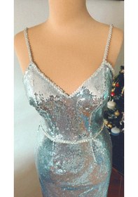 Resim Chica Rosa Fashion Gümüş Pullu Askılı Midi Elbise 