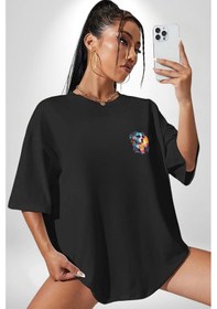 Resim Tatil Köpek Soğuk Kokteyl İçeçek Siyah Oversize Unisex Ön Sol Yan Minimal Baskılı Tişört Koyu Siyah 