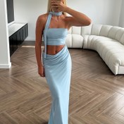 Resim Kadınlar İçin Askısız Vücuda Oturan Maksi Elbise - Seksi Büzgülü Bel ve Uyluk Yarığı, Düz Açık Mavi Makinede Yıkanabilir İlkbahar/Yaz Parti & Gece Giyimi, Akşam Kıyafeti | Yüksek Yarık Modası | Kaliteli İşçilik, Sıkı Kesim 