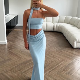 Resim Kadınlar İçin Askısız Vücuda Oturan Maksi Elbise - Seksi Büzgülü Bel ve Uyluk Yarığı, Düz Açık Mavi Makinede Yıkanabilir İlkbahar/Yaz Parti & Gece Giyimi, Akşam Kıyafeti | Yüksek Yarık Modası | Kaliteli İşçilik, Sıkı Kesim 