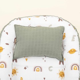 Resim Babynest ve Yastık - Çift Taraflı - Haki Muslin - Galaksi ve Harfler 