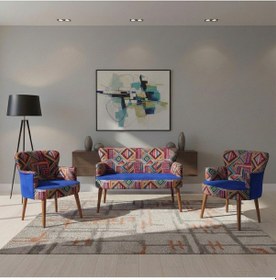 Resim Azra Mobilya Roma Çay Seti Koltuk Takımı Babyface Kumaş Karışık Desen Ceviz Ayak Saks Mavi Lacivert 