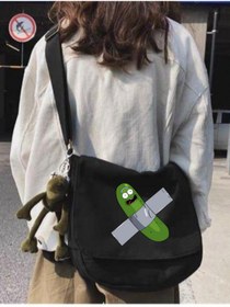 Resim Genel Markalar Siyah Pickle Rick Baskılı Unisex Askılı Postacı Çanta 