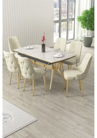 Resim Canisa Nis Serisi 89x150 Açılabilir Lak Panel Beyaz Mermer Gold Ayak Masa Takımı Ve 6 Krem Sandalye Masa Beyaz Mermer Desen Sandalye Krem 