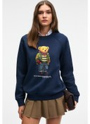 Resim AELORIA Kadın Önü Baskılı Reglan Kol Oversize Lacivert Sweatshirt 