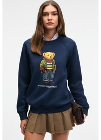 Resim AELORIA Kadın Önü Baskılı Reglan Kol Oversize Lacivert Sweatshirt 