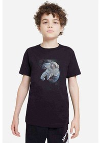 Resim Tshirthane Astronot Dünyadan Uzaya Yolculuk Baskılı Unisex Çocuk Siyah T-Sh 