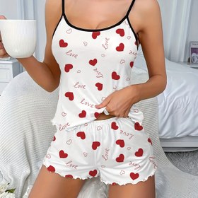 Resim Kalp Ve Harf Baskılı Fırfır Detaylı Pijama Takımı, Rahat Yuvarlak Yaka Sırtı Açık Kolsuz Üst Ve Elastik Şort, Kadınlar Için Uyku Giyimi 