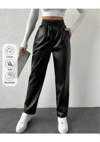 Resim Kene Jeans Kadın Siyah Beli İpli Deri Jeans Siyah 