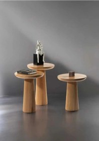 Resim Wood Wooden 3 Lü Set Fitilli Mantar Yan Sehpa Modern Ahşap Renk Fiskos Kahverengi 