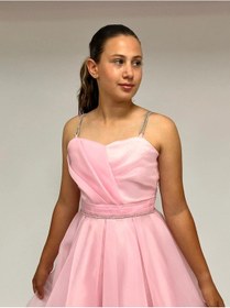 Resim Butikhappykids Kız Çocuk Abiye Pembe Taş Kordon Askılı Kalp Yaka Kuyruklu Şifon Abiye Elbise 10-15 Yaş Pembe 