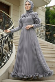 Resim N.S NEVA STYLE Fırfır Detaylı Gri Tesettür Abiye Elbise 55691GR 