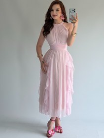 Resim Şifon Drape Yaka Fırfırlı Elbise Pudra 
