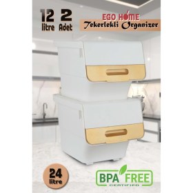 Resim Feyza Design Iki Parçalı Tekerlekli Sebze ve Patateslik Seti, Gold-Beyaz Renk 