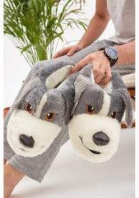 Resim Mdes Gri Hayvanlı Sessiz Taban Panduf Sevimli Köpek Figürlü Peluş Ev Ayakkabısı Gri 