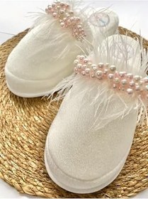 Resim Anne Lohusa Terliği Pembe İncili Tüylü Lohusa Terliği Özel Tasarım 