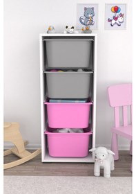 Resim Cara 4 Derin Sepetli Çok Amaçlı Oyuncak Dolabı Pembe Gri Beyaz - Pembe 