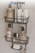 Resim SUNTEL BANYO VE MUTFAK AKSESUARLARI 2 Katlı Siyah Duş Rafı - Askılı Banyo Düzenleyici 