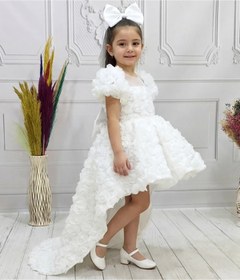 Resim ELLUSSİ Kız Çocuk Beyaz Kuyruklu Şeffaf Gül Desenli Kısa Balon Kol Elbise Abiye 