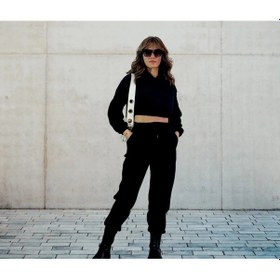 Resim Crop Takım Kapüşonlu Üç Iplik Kalın Polarlı Eşofman Takımı- Siyah 