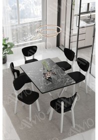 Resim Avvio Rita Beyaz Elma Sandalye 80x140 Yemek Masası Mutfak Masası 6 Kişilik Masa Sandalye Takım Siyah Mermer 
