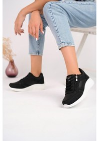 Resim Muggo Asel Garantili Kadın Ortopedik Günlük Bağcıklı Yandan Fermuarlı Rahat Sneaker Spor Ayakkabı Siyah - Beyaz 