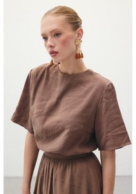 Resim Sateen Kısa Kollu Salaş Bluz - Kahve-136286 Kahve 