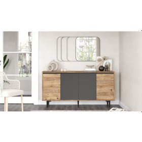 Resim Robinhome Robin Home Linda Konsol 4 Kapaklı 160Cm Çam-Antrasit Gri 