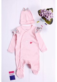 Resim Kelebek Desenli Omuz Detaylı Şapkalı Kız Bebek Tulumu Pembe 
