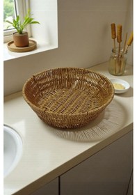 Resim Hasır Rattan Örgülü Ekmek Sepeti Dekoratif Çok Amaçlı Organizer Açık Kahverengi 
