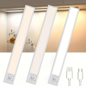 Resim LED Hareket Sensörlü Dolap Işığı, Tezgah Altı Dolap 3 Renkli Aydınlatma, 3 seviyeli karartma, USB-Tipi-C Şarj Edilebilir Mutfak Gece Lambaları, Ev Okuma Lambaları için 1500mAh Pil Gücünde Çalışan Işık, Acil Durum Aydınlatması, Merdivenler, mutfak, yatak odası için LED Işıkları 