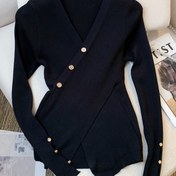 Resim Kadınlar İçin Şık Fransız V-Yaka Kazak - Altın Tonlu Kahverengi Düğmeli İnce Fit Yüksek Esneklikli Sweater, Siyah Renkte Sonbahar ve Kış Katmanlama için, Çekici Tasarımı ile Gündelikten Resmiye Her Tarza Uyanan Elde Yıkanabilir Lüks Örgü ürün, Kadınlar İçin Rahat Kazaklar,Günlük Uzun Kollu Kazak,Örgü Kazaklar,Renkli Kadınlar İçin Bol Kazak,Büyük Beden Örgü Kazak 