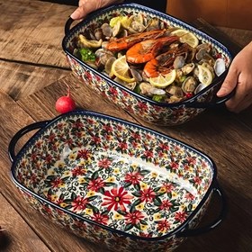Resim 1 adet El Boyalı Kabartmalı Çiçek Desenli Polonyalı Seramik Dikdörtgen Fırın Tepsisi, Çok Yönlü Salata/Pirinç/Peynir Tabakları Ev Mutfakları İçin 