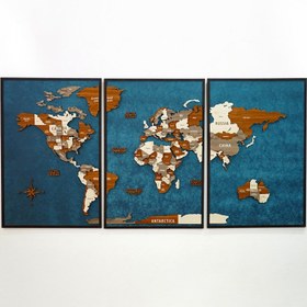 Resim 3D Ahşap Dünya Haritası - Modern 3 Parça Çerçeveli Tasarım - 120x60 cm / Tuana 