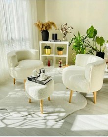 Resim Fahrettin Küçük Çay Seti Tekli Koltuk Berjer Ve Puf Takımı 3'lü Takım 60 x 68 CM Beyaz 