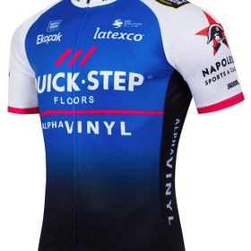 Resim QuickStep Erkek Bisiklet Forması - Nefes Alabilen & Esnek Polyester, Mavi & Siyah Kırmızı Vurgularla, Geometrik Desen, Kısa Kollu, Yuvarlak Yaka MTB, Yol Bisikleti, Triatlon & Daha Fazlası İçin - Yaz/Bahar/Sonbahar 