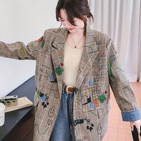 Resim Kadınlar İçin Düğmeli, Orta Boy Ofis-Gündelik Ceket - Bej, Yeşil, Mavi, Kahverengi, Turuncu, Siyah, Beyaz, Gri Renklerde Bol Kesim Blazer, Makinede Yıkanabilir Günlük Dış Giyim, Sokak Sanatı Stili, Çift Sıra Düğme Tasarımı 