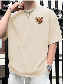 Resim Guılan Erkek Yazlık %100 Pamuk Karikatür Ayı Baskılı Spor Tişörtbej Bej 