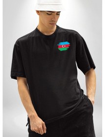 Resim Azerbeycan Bayrağı Siyah Oversize Unisex Ön Sol Yan Minimal Baskılı Tişört Koyu Siyah 